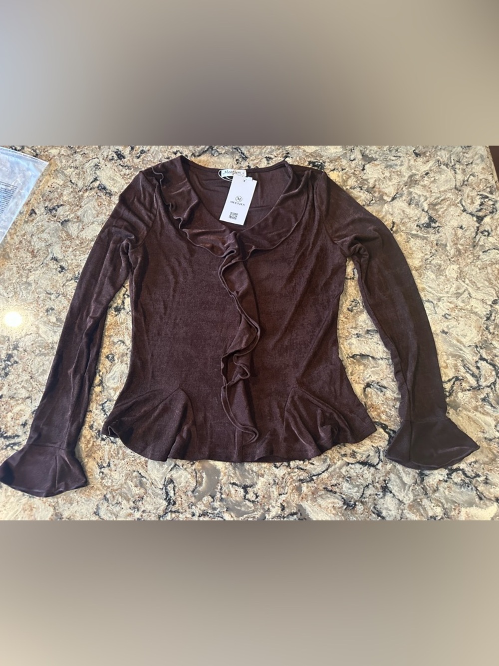 Brown Ruffle Bell Sleeve Top Size Large New Meetjen Sz L Ribbed Stretch